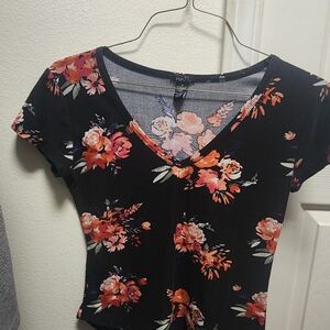 Women's short sleeve Black Blouse/ Top with roses